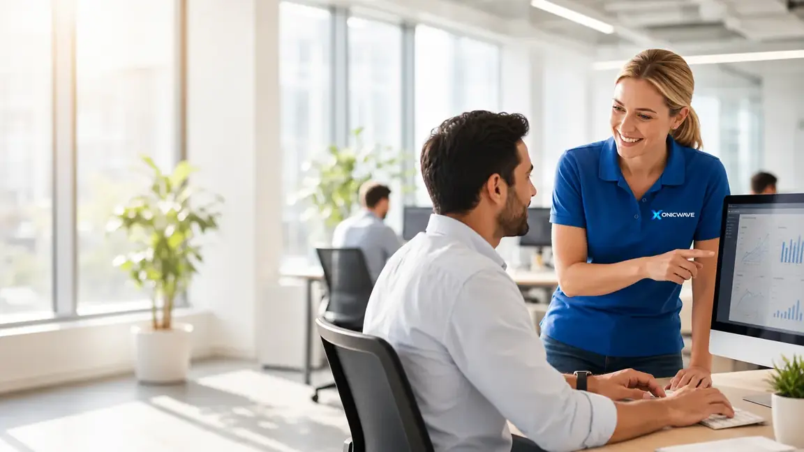 IT support specialist helping an employee at his desk in a bright office